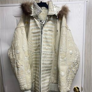 Vilanto EGYPTIAN Men’s Leather Jacket WHITE Leather Gold Embroidered & FUR HOOD